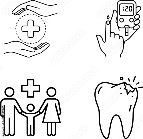 Vector icons for essential healthcare, medical monitoring, family well-being, and crucial dental concerns