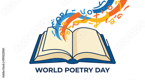 Open Book with Flowing Letters, World Poetry Day, Literature & Education Concept, Flat Colorful Vector Illustration, Editable Graphic