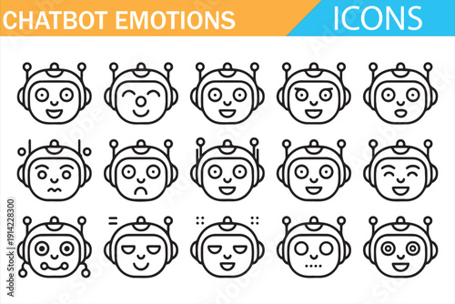 Chatbot avatar emotions outline icon set, AI assistant facial expression collection, customer support bot reactions, thin line emoji faces for UI UX apps