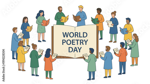 Diverse Readers Celebrating World Poetry Day Literary Event Modern Flat Vector Illustration