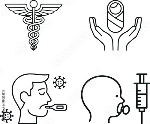 Caduceus and healthcare icons set, featuring newborn care, fever diagnosis, pediatric vaccination, and professional medical treatment line symbols.