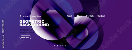 Abstract purple design features flowing geometric shapes. Text elements include title, description, navigation options, button. Modern aesthetic.