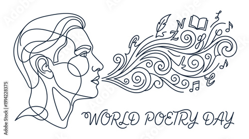 Profile Head Expressing Ideas with Letters Book Music Notes for World Poetry Day - Minimal Outline Flat Vector Art