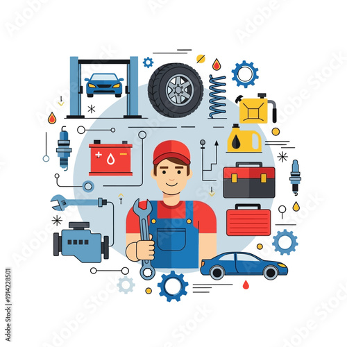 Auto Mechanic with Tools and Car Parts, Car Service and Repair Concept