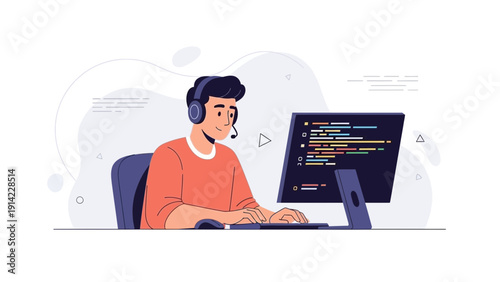 Programmer Wearing Headphones Working on Computer with Code
