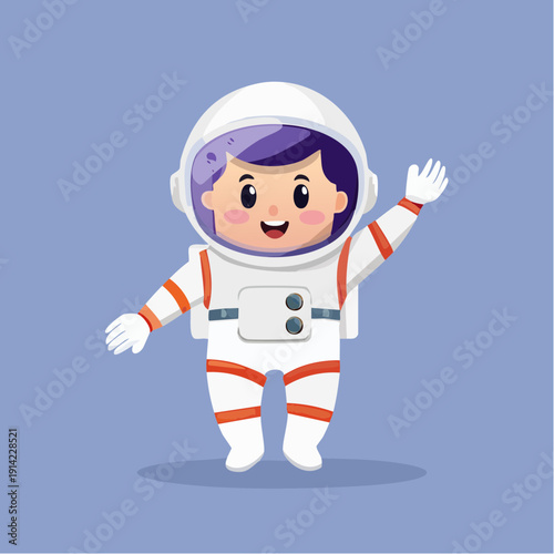 Cartoon astronaut waving hello on a blue background, cute illustration