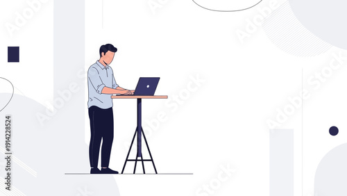 Man working on laptop at standing desk, modern office illustration