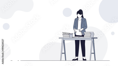Woman organizing documents at a desk in a minimalist office setting