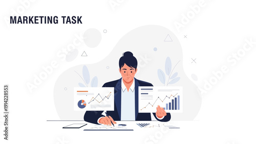 Marketing analyst reviewing financial charts and graphs, business strategy planning.