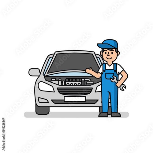 Car Mechanic with Wrench Standing Next to Open Hood Car Engine