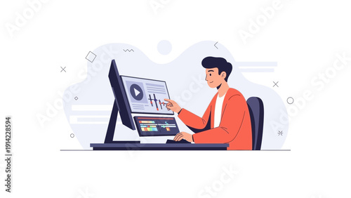 Man Editing Video on Computer Screen, Digital Media Creation, Graphic Designer Workstation