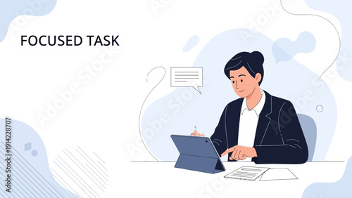 Focused Businessperson Working on Tablet with Documents