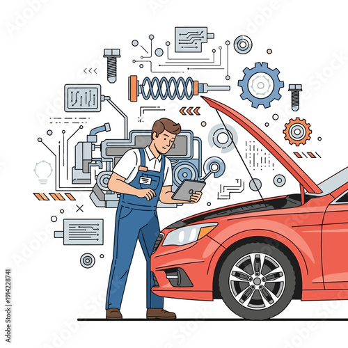 Mechanic Inspecting Car Engine with Digital Tablet, Auto Repair Service Concept