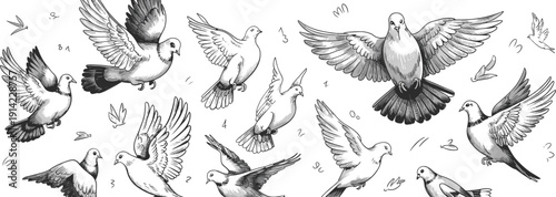 Flying pigeons in various positions with leaves flying birds black and white wings spread