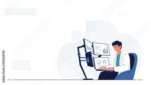 Man working on multiple computer screens displaying financial charts and data.