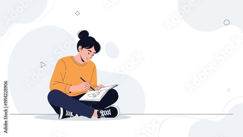 Creative young woman drawing in sketchbook, illustration, artist, creative process, art