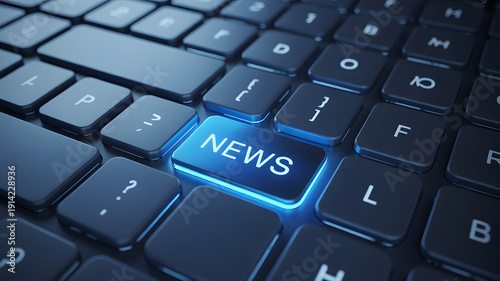 Close-up of a black computer keyboard with a glowing blue news key highlighted