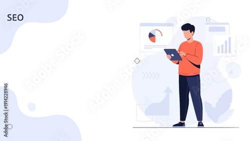 Man analyzing SEO data on tablet, charts and graphs, business growth concept