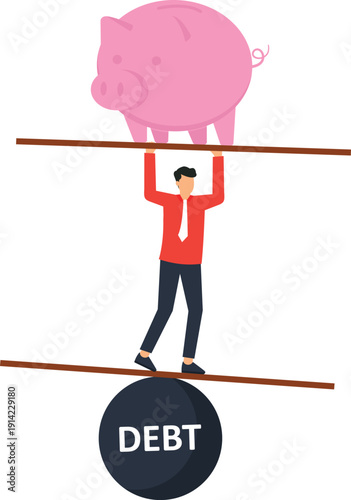 Financial balance debt management concept showing businessman tightrope walking holding piggy bank above economic pressure precarious situation high risk savings challenge