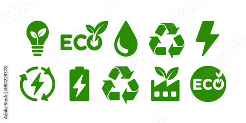 Green eco icons for sustainable energy and recycling concepts  isolated on transparent background