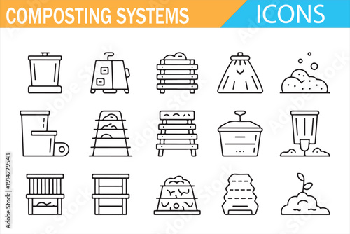 Compost Containers and Heaps Outline Icon Set