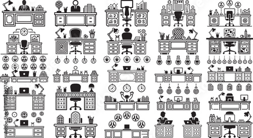various office desks with computers and office supplies and people working on them and clocks and graphs  office workplace icons