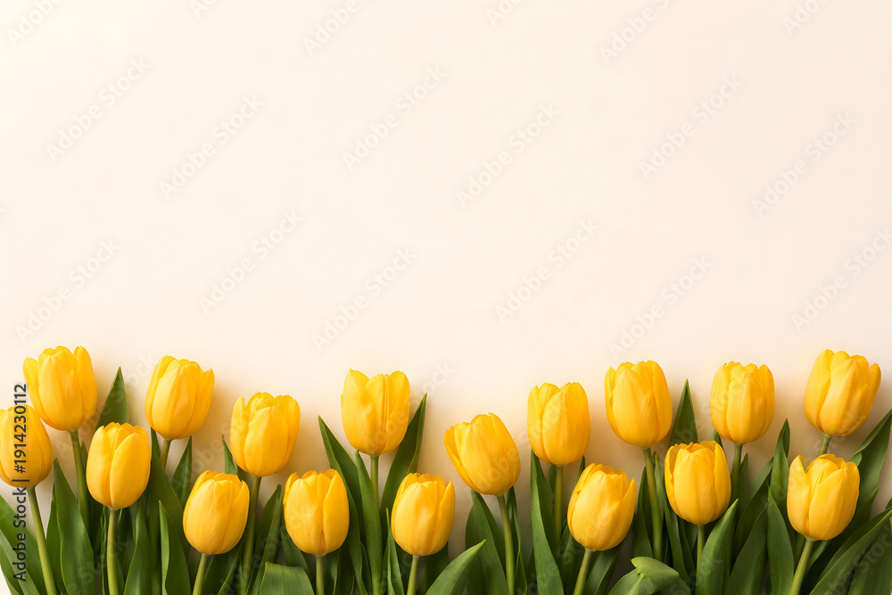 Obraz premium Bright Yellow Tulip Flowers Border on Soft Pastel Background Copy Space