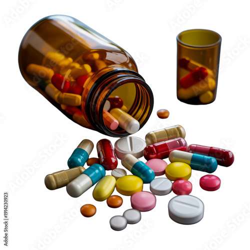 Pills and a bottle of medication scattered around, isolated on transparent background