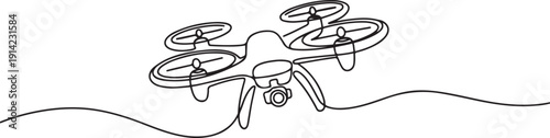 Continuous one line drawing of flying drone. One line drawing illustration of drone. Art icon drawing vector