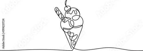 Continuous one line drawing of ice cream cup. One line drawing illustration of delicious ice cream cup. Art icon drawing vector