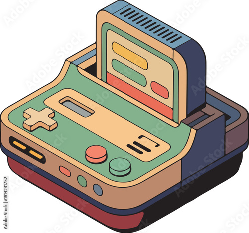 Isometric vintage game console with cartridge retro