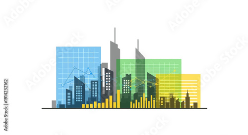 City Skyline with Colorful Buildings and Towers.