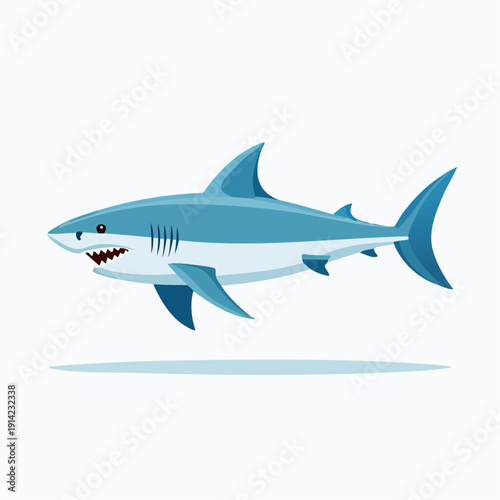 Illustration of a great white shark swimming with a menacing grin, 2D cartoon style