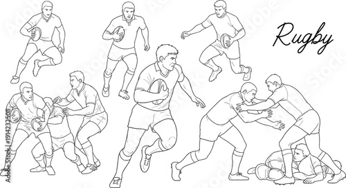 Rugby players in action silhouette, tackling and running, scrum teamwork illustration, sports concept art, dynamic athletic performance, competitive rugby scene