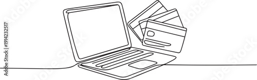 Continuous one line drawing of laptop with credit cards. Single line drawing illustration of laptop computer with credit cards. Art icon drawing vector