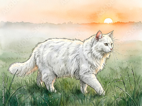 White fluffy cat in the morning fog