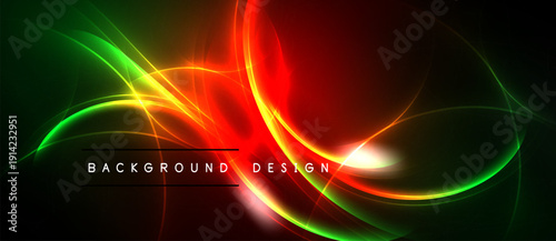 Abstract vibrant lines, curves, glowing shapes. Dark background contrasts bright colors, creating dynamic visual effect. Modern design element.