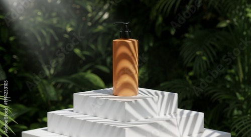 Luxurious golden lotion bottle on white podium in tropical setting