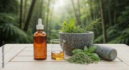 Natural herbal remedy setup with essential oil and mortar