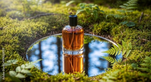 Luxurious perfume bottle on mirrored surface surrounded by lush greenery