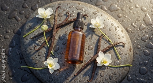 Luxurious amber glass bottle with dropper surrounded by flowers and vanilla pods on wet stone