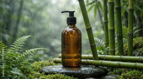 Natural skincare product in serene bamboo forest setting with rain