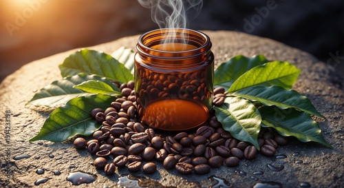 Steaming coffee in a rustic setting with fresh beans and leaves