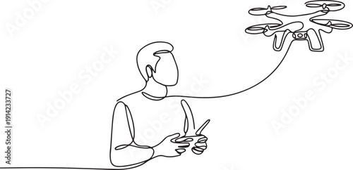 Continuous one line drawing of man with remote control and flying drone. one line Art icon drawing vector