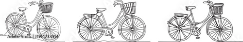 Three continuous line drawings of bicycles with baskets