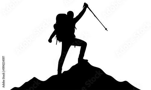 Trekking Achievement: Hiker Standing on Mountain Summit at Sunrise