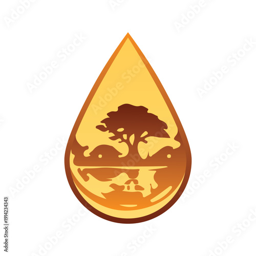 Surreal vector illustration of a golden tea drop containing a nostalgic village landscape with a banyan tree and river, minimalist double exposure conceptual art.