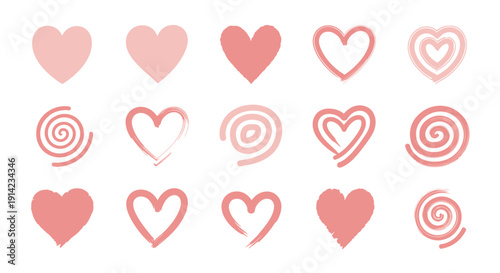 Collection of pink heart shapes in various designs and patterns arranged in a grid layout on a digital canvas, viewed from a straightforward perspective.