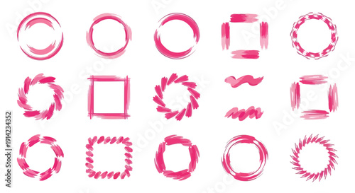 A collection of various pink geometric shapes and designs in vector format viewed from directly above
