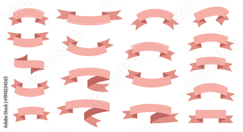 Collection of pink ribbons arranged in a grid pattern on a clean background viewed from directly above in an illustration.